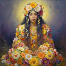 a surreal painting of a radiant shaman covered in flowers, by rob gonsalves, symbolist, soft colors, dramatic lighting, smooth, sharp focus, extremely detailed, aesthetically pleasing composition