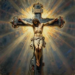 a man crucified on a cybernetic sci - fi cross, full of computer elements and cables, symbolic, intricate, hyperdetailed, religious, painting, cyberpunk