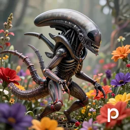 a detailed photo of a xenomorph by zach sutton and tom bagshaw, side profile, xenomorph surrounded by colorful flowers, 2 4 mm lens, deviantart, 8 k, pinterest, featured in alien movie franchise