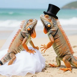iguana couple getting married on the beach, they are human - like, the female iguana is wearing pink lipstick, the male iguana is wearing a top hat