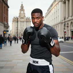 “kick-boxer Emory Andrew Tate III standing in Liverpool city centre, beautiful, gorgeous, 8k”