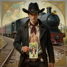 a dramatic ethereal epic symmetrical painting of a handsome villainous cowboy standing in front of railroad tracks with a train locomotive | his jacket is unbuttoned with no shirt underneath and he has a pocketwatch | tarot card, art deco, art nouveau, (steampunk), homoerotic, realistic | by Mark Maggiori and ((Alphonse Mucha)) | trending on artstation