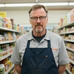 realistic still of walter white as a convenience store worker, 4 k, 8 5 mm, focal length 2, comedic composition