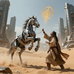 A techno-magical male-shaman in shamanistic robes performs a ritual to resurrect a mechanical horse in a huge steel ancient ruins covered of dunes of sand. Art by Finnian MacManus, Simon Stalenhag. Masterpiece, fantasy art, cinematic, hyperdetailed, sigils, photorealistic, cyberpunk, postapocalyptic, steampunk, hyperrealism, octane render, 8k