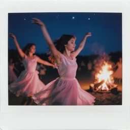 blured shadows of dancing young women on pink light, close-up, focused background blue night sky with stars and orange campfire, polaroid photo