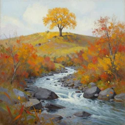 A beautiful oil painting of hill with a single tree, the tree is in the rule of thirds, the fall has arrived and the leafs started to become golden and red, the river is zigzagging and flowing its way, the river has lots of dark grey rocks, by Greg Rutkowski