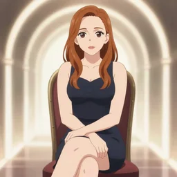 Anime portrait of Elizabeth Olsen sitting down on a chair, trending on artstation, 4k, 8k, light tunnel effect!!!!!, anime art, anime style