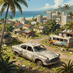fallout 5, tropical coastal city in real life, desolate, dilapidated, small settlements, abandoned retro futuristic vintage car and truck, buses, trees run rampant, illustration, perfectly shaded, oft painting, art by krenz cushart and wenjun lin
