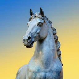 greek statue of the horse head, gradient from blue to yellow background