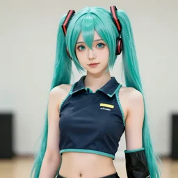 An anime portrait of Ssunbiki in Hatsune Miku cosplay wearing crop gym top with white lettering, crop yoga shirt, from Skyrim, by Stanley Artgerm Lau, WLOP, Rossdraws, James Jean, Andrei Riabovitchev, Marc Simonetti, and Sakimichan, artstation