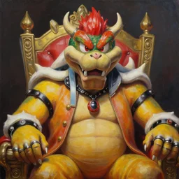beautiful lifelike painting of mf doom on his own throne the boss like king koopa, hyperreal detailed facial features and uv lighting, art by ed roth and basil wolverton