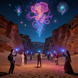 astral projectors in mysterious desert canyon at night, infinite sky, synthwave, bright neon colors, highly detailed, cinematic, tim white, philippe druillet, roger dean, ernst haeckel, lisa frank, aubrey beardsley, kubrick, kimura, isono
