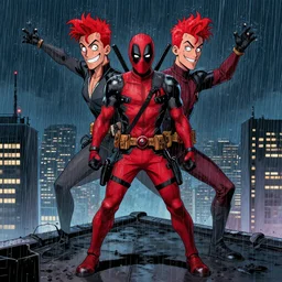 in the style of phil noto comic art, joshua middleton comic art, peyton list black widow and deadpool, symmetrical face, red hair, deadpool x - men, full body, on a rooftop, rain, smirk, symmetrical eyes, rain, night, rain, symmetrical, action pose, deadpool, artgerm, playful smirk, full body