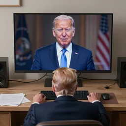 joe biden watching anime in the metaverse with donald trump below his desk -4k