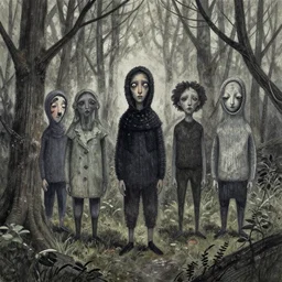 weirdos in the woods. ink and acrylics, private collection.