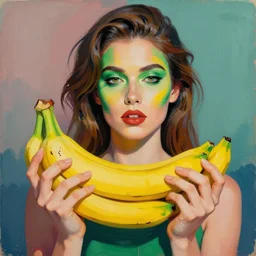 a woman with green and yellow makeup holding bananas, a pop art painting by bert stern, trending on behance, pop art, pop art, surrealist, photoillustration