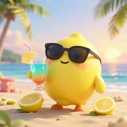 3 d octane render cute chippy lemon character sipping on a delicious caribbean drink wearing sunglasses relaxing on a tropical beach at sunrise
