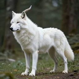 a white feathered wolf with a bladed horn and tail