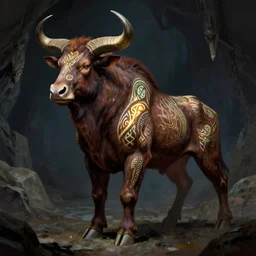 a shaded painted full body illustration of a male minotaur with glowing tribal skin markings in a dark cave environment with a bovine head, painterly, detailed, art - deco artwork, art gta 5 cover, official fanart behance hd artstation by jesper ejsing, by rhads, makoto shinkai and lois van baarle, ilya kuvshinov, ossdraws