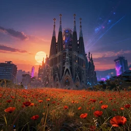 abandoned by antoni gaudi, sunset nightsky fantasy liberty city meadow at night at fall laser at dusk poppy cgsociety alien synthwave wilderness atlantis morning sun matte painting neon signs galactic sea studio ghibli apocalyptic, archdaily, wallpaper, highly detailed, trending on artstation.