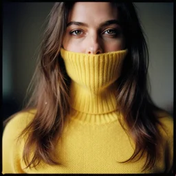 A Hyper realistic and detailed portrait photography by Annie Leibovitz of a woman wearing a yellow knitted turtleneck sweater that covers half her face. Long hair. Agfa Vista 400 film. Detailed. Depth of field. lens flare. moody. cinematic. warm light.
