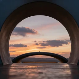 inside a giant blast oven watching a beautiful sunset clouds first person