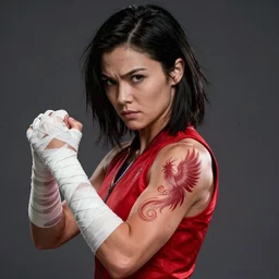 a portrait of chloe bennet as live action korra, muscular, wearing red attire, white bandage tape on fists, medium length black hair, red phoenix tattoo on back, serious, style by donato giancola, wayne reynolds, jeff easley dramatic light, high detail, cinematic lighting, artstation, dungeons and dragons
