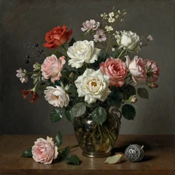 detailed dutch still life painting of flowers and roses, sharp focus, dark background