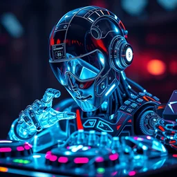 robot dj made of glass reflections, led light, highly detailed and intricate, hdr, sharp focus, photography, unreal engine, trending on artstation, photorealistic, octane, trending on deviantart