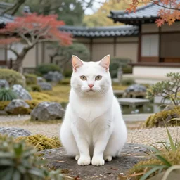 white cat in center of an ancient japanese garden, in the style of victo ngai, animal portrait