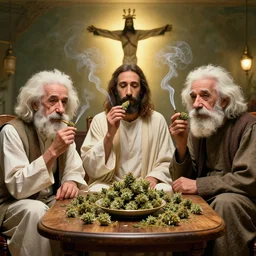 jesus christ, prophet muhammed and albert einstein sitting on a table, smoking weed in the afterlife, wholesome, octane render, hyperdetailed, beautiful, art, by greg rutkowski, trending on artstation