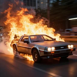 photograph of a delorean driving fast engulfed in flames, cinematic, volumetric lighting, dslr