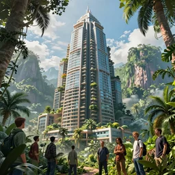 photo a massive building towering over a jungle 4 k rtx hdr volume light concept studio matte painting environement digital illustration fanart artstation by eytan zana and balazs agoston, jad saber, aaron limonick, pablo dominguez and florent lebrun and robby johnson