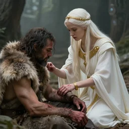 A young Priestess in white robes and golden accessories, tending the wounds of an injuried barbarian in pelt clothing, gray pelts, light and dark magic, epic fantasy, romance, trending in artstation, cgsociety, ultra hd, artstationHD, artstationHQ, by Frank Franzetta, matte painting