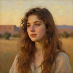 portrait of rhea seehorn, dreamlike whistful expression, new mexico background painted by pierre auguste cot, frederic leighton, very romantic, beautiful textures, golden hour lighting