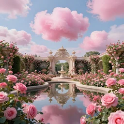 rose garden, pink cotton candy clouds floating in the sky,, by caspar david friedrich, dslr, ray tracing reflections, insanely detailed and intricate, hypermaximalist, elegant, ornate, hyper realistic, 4 k, super detailed