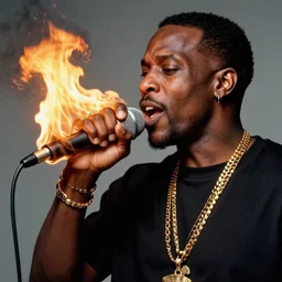 beautiful portrait of rapper kool savas burning up a mic, by annie liebowitz, photorealistic, hyperrealism
