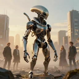aquatic alien in mechanical exoskeleton designed by jony ive in cybercity, golden hour, poster by michael whelan and gilbert williams and evgeny lushpin and artgerm and alena aenami, 3 0 mm, well proportioned, highly detailed, rule of thirds, long exposure