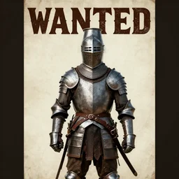 wanted poster of one - armed medieval armored knight with bucket on his head