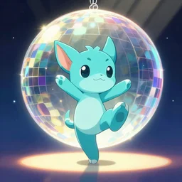 cyan cute spirit axie pet dances under colourful discoball, fantasy, studio ghibli, clean cel shaded vector art, cinematic lighting, volumetric lighting, smooth, sharp focus, highly detailed, render in unreal engine 5, artstation, deviantart, behance, trending, epic composition, octane, light rays, award - winning