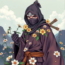 ancient japanese ninja, ninja garbs, ninja artwork, wearing wild flowers, illustrated by horohiko araki, by takashi murakami, by miho hirano, jojos bizzare adventure artwork, anime cover art