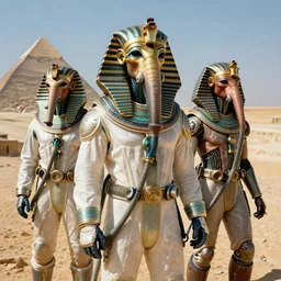 the annunaki have returned to an egypt landscape wearing space suits with egyptian pharaoh head - dresses and breathing hoses that look like elephant trunks - vibrant, alien - looking, cyborg, detailed, photo - realism