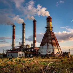 long exposure photograph of dilapidated carbon capture facility, Rural Canada, detailed textures, hyper realistic, vibrant colors, cinematic lighting, industrial art style, climate change, digital art painting by greg rutkowski, cinematic, concept art, 35mm grain filter, artstation