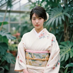 photograph of a beautiful Japanese woman wearing a pretty kimono in a tropical greenhouse, by Annie Leibowiz, by Alessio Albi, extremely detailed, large format camera, Fuji Provia film, bokeh, blurred background, photorealistic, trending on instagram, trending on Flickr
