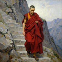 sienna portrait of the astute monk crimson and sienna robe ascending the treacherous mountain stairway to the monastery jamie wyeth james gilleard edward hopper oil painting