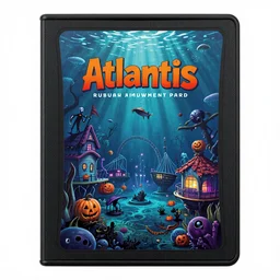 a horror based underwater suburban amusement park that incorporates darker halloween and ocean elements in its design imagery and features attractions and houses for a vhs cover, halloween decorations, atlantis, shipwrecks, spooky, amusement park attractions, deep sea, horror themed, fun, in the style of stephen silver and genndy tartakovsky