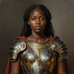 a professionally painted portrait of Kara Walker, clothed in ancient battle armor, dark skin, dark hair, beautiful bone structure, symmetrical facial features, stunningly beautiful, intricate, elegant, digital painting, smooth, sharp focus, illustration, from Kehinde Wiley