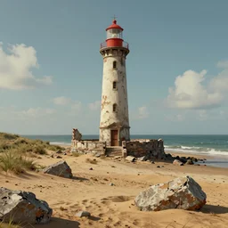 ruins of lightouse near dry sea, sifi, stunning digital art, trending, 8k, high detail render