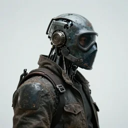 a half - masked rugged laboratory engineer man with cybernetic enhancements as seen from a distance with whitespace around him, scifi character portrait by greg rutkowski, esuthio, craig mullins, 1 / 4 headshot, cinematic lighting, dystopian scifi gear, gloomy, profile picture, mechanical, cyborg, half robot, implants, dieselpunk
