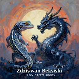 painting of hybrid gecko and dragon, intercrossed animal, by zdzislaw beksinski, by lewis jones, cold hue's, warm tone gradient background, concept art, digital painting